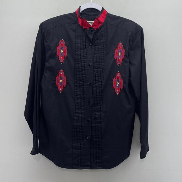 Vintage Wrangler‎ Black Red Western Rhinestone Embroidered Button Down Shirt - Picture 1 of 5